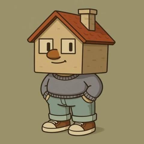 Housebro mascot — a friendly house-headed character in a sweater, the face of the $HBRO community project.