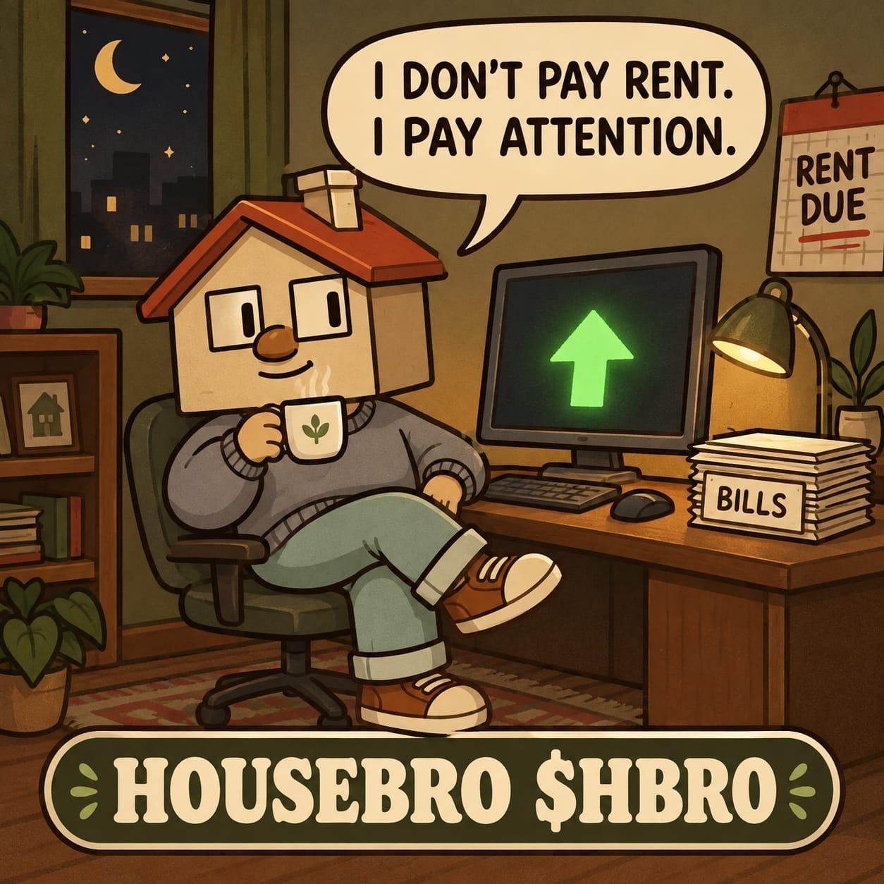 Housebro meme: I don't pay rent, I pay attention. The house mascot sits at a desk with a computer, ignoring a RENT DUE calendar and a stack of bills.