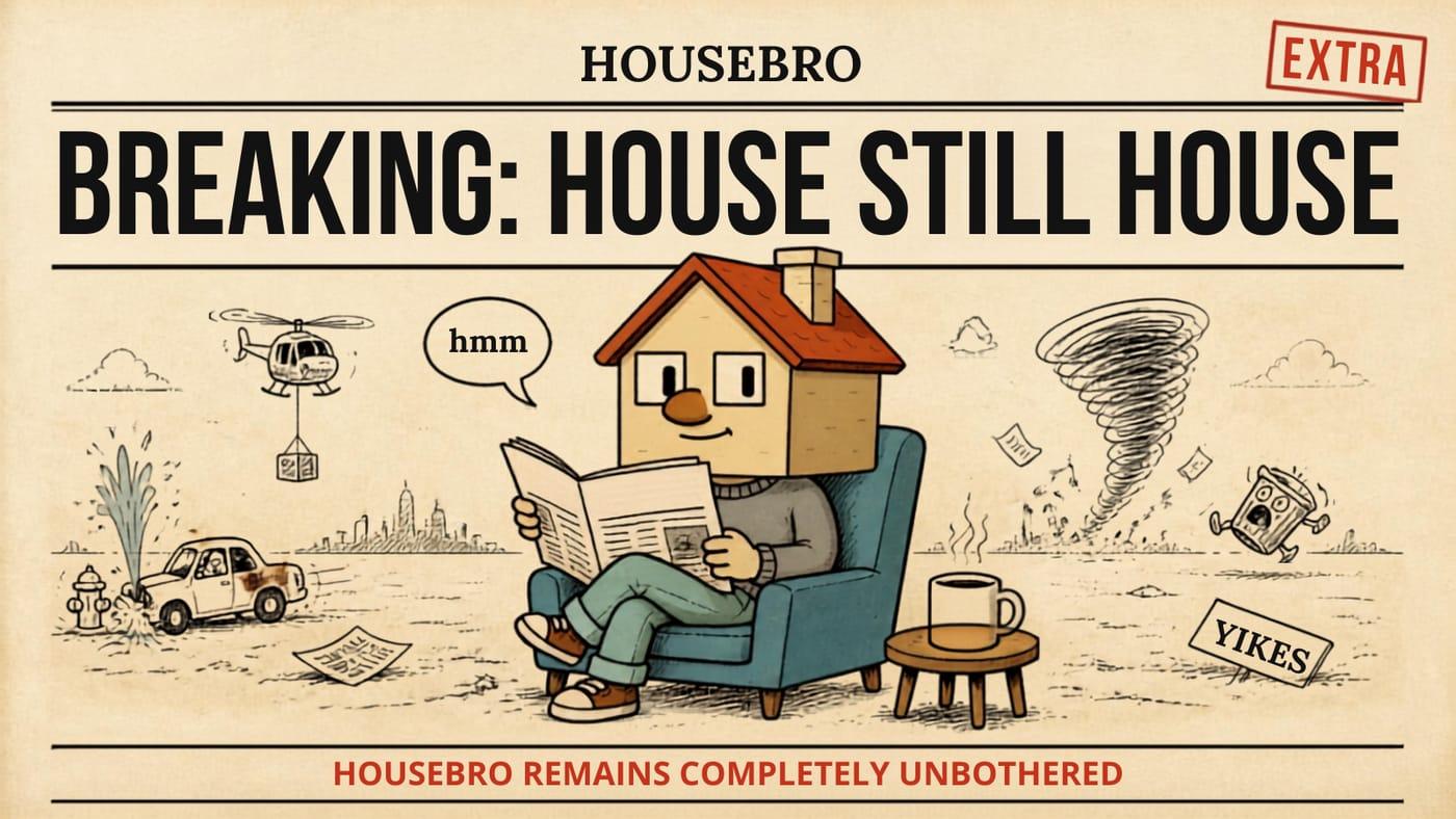 Housebro meme: Breaking, house still house. The house-headed character calmly reads a newspaper in an armchair while chaos unfolds around him, remaining completely unbothered.