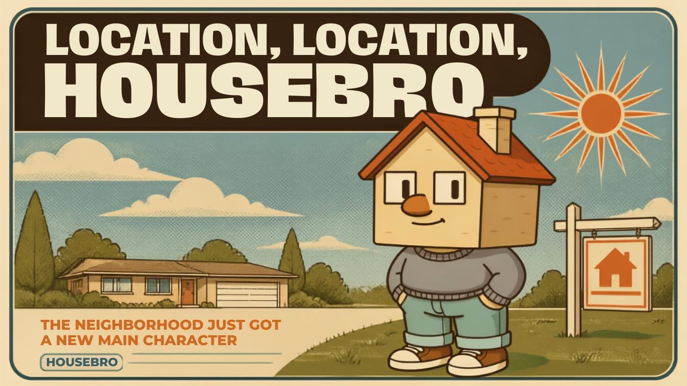 Housebro meme: Location location Housebro — the neighbourhood just got a new main character. The house character stands confidently with hands in pockets.