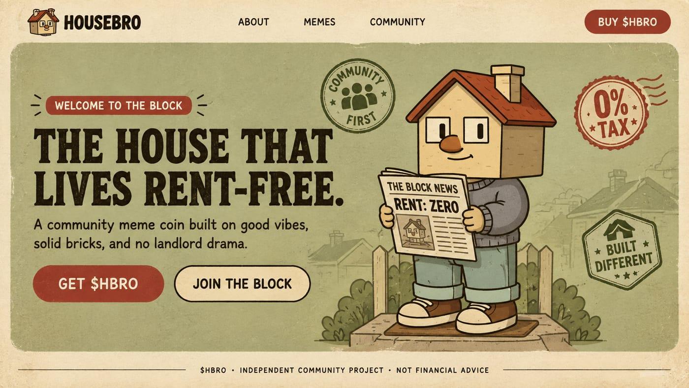 Housebro mascot reading The Block News newspaper with the headline Rent: Zero, standing on the block.