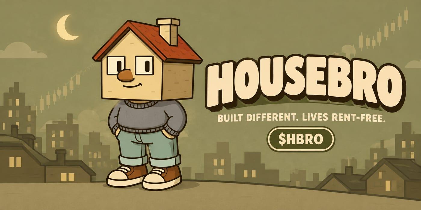 Housebro poster with the mascot under a night skyline and the tagline Built Different. Lives Rent-Free.